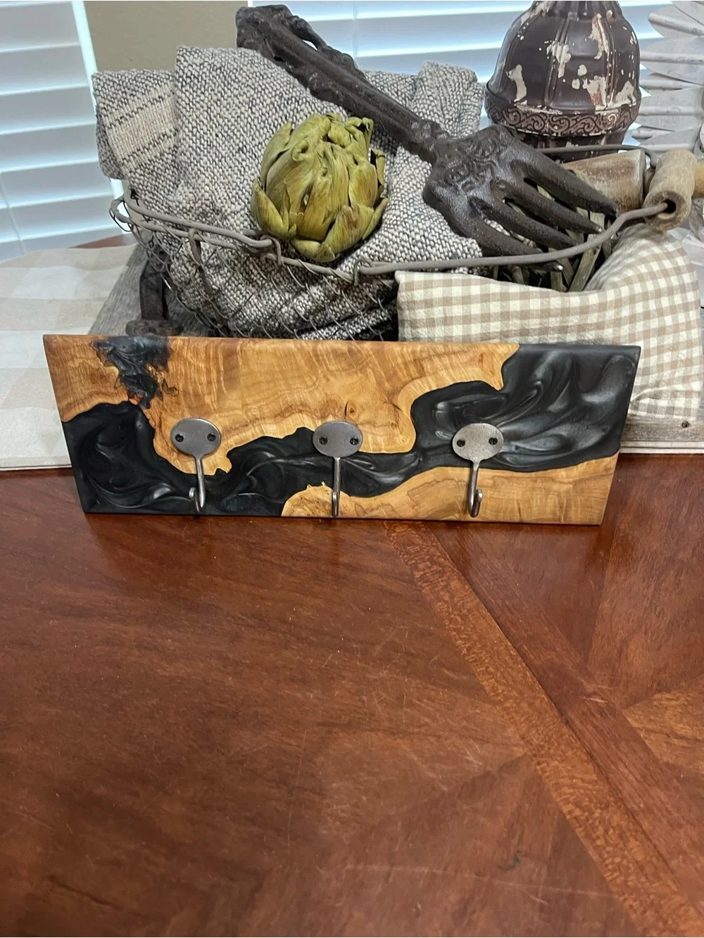 Handmade Olive?  Wood & Epoxy  Rack: Rustic Wall Hook Organizer